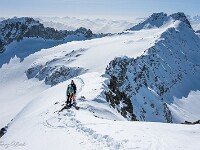 Die letzten Meter auf einem schönen Schneegrat vor dem Gipfel. : Schneeschuhtour Grialetsch