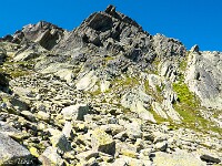 Vom Seelein Richtung Süden hoch unter die Ostflanke des Juchlistocks. Rechts im Bild ist ein grasiges Couloir zu erkennen, durch welches der Nordgrat und dann der Gipfel erreicht werden könnte. Diese Aufstiegsvariante ist etwas einfacher (T5-). : Juchlistock
