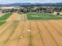 Entdeckt am 23. Juni 2026, Ellikon im Zürcher Weinland. Ein professioneller Drohnenpilot meldet uns diesen Kornkreis. Einen Tag später sind wir vor Ort und lassen die Drohne steigen.  default : 2026, 23.06.2026, Ellikon, Kornkreis, Schweiz, ZH, Zürcher Weinland