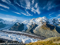 Gornergletscher mit Liskamm (4527 m), Castor (4223), Pollux (4092) und Breithorn (4164) in der Morgensonne : Matterhorn, Zermatt